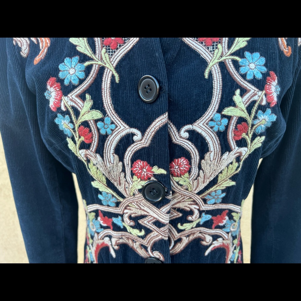 Johnny Was Corduroy Embroidered Navy Blue Long Coat  size S/M - Picture 7 of 12